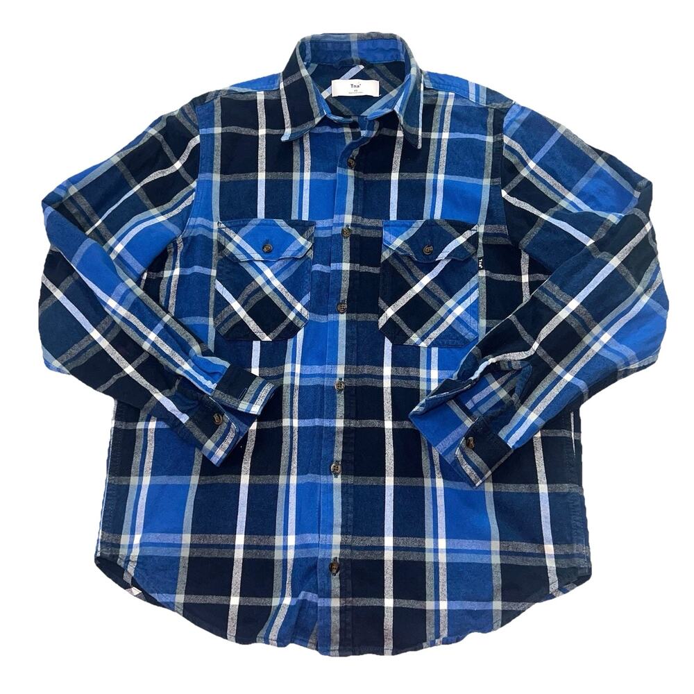 TNA Artizia Flannel Shirt Womens Size XS Blue Plaid Cotton Button Long Sleeves